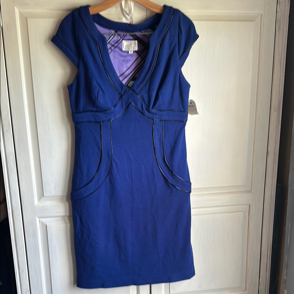 Alberto Makali Royal Blue Mini Dress with Faux Leather Piping Details